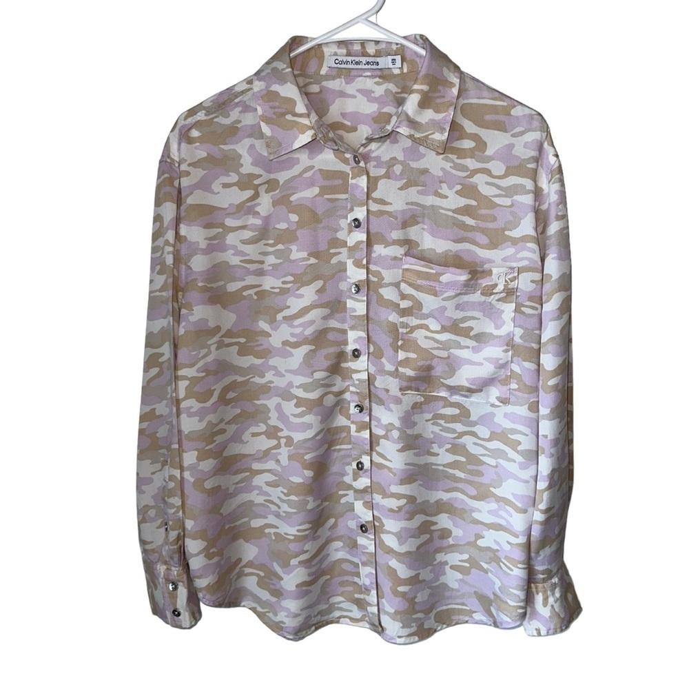 Women’s Calvin Klein Tan & Pink Camo Print Boyfriend Button Down Shirt Small
